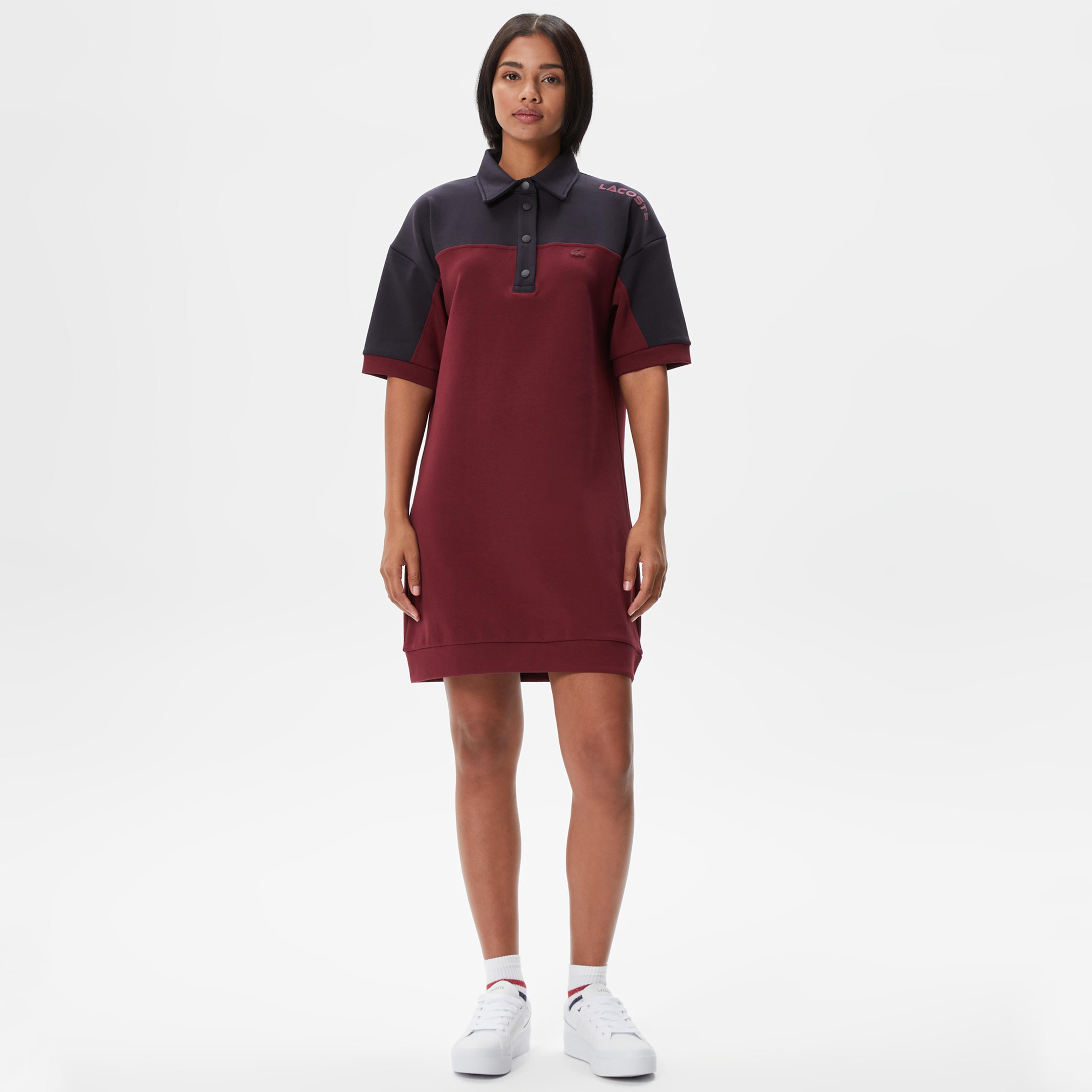 Kadın Regular Fit Kısa Kollu Polo Yaka Renk Bloklu Bordo Elbise